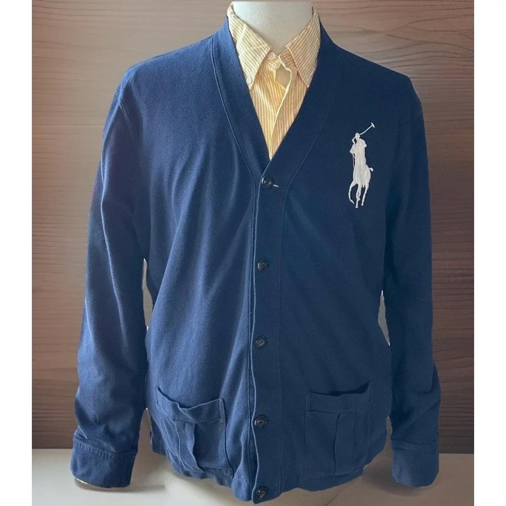 90s Polo Ralph Lauren Mens Large Navy Blue Big Pony Cotton Pique Cardigan Jersey